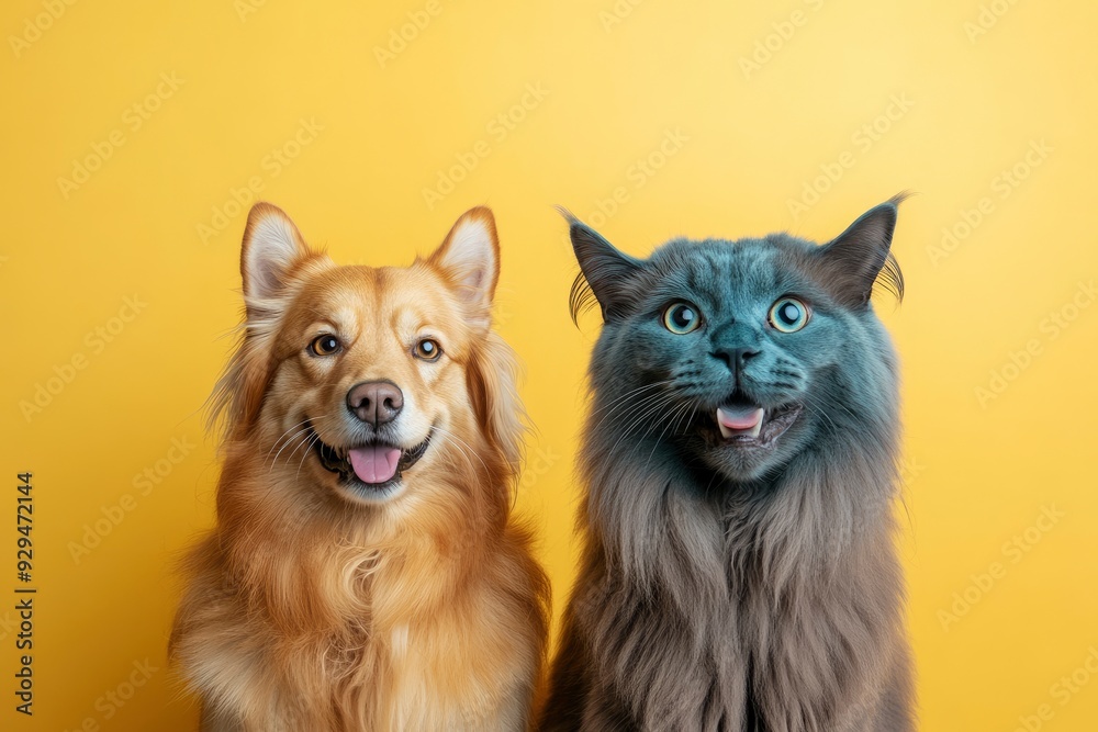 Happy panting Golden retriever dog and blue Maine Coon cat looking at camera, Isolated on color , ai Happy panting Golden retriever dog and blue Maine Coon cat looking at camera, Isolated on color , ai