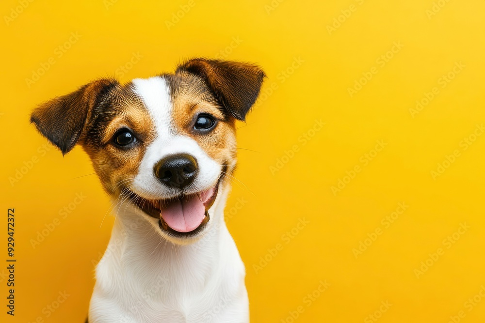 Happy puppy dog smiling on isolated color background. copy space , ai Happy puppy dog smiling on isolated color background. copy space , ai