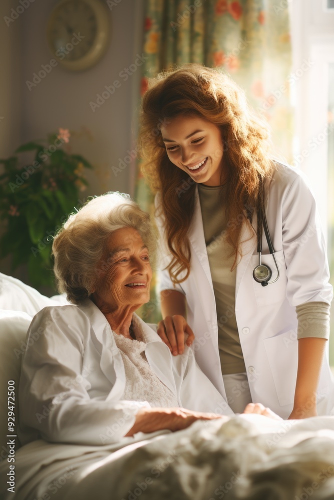 Obraz premium Nurturing assistance - nurse tends to retired senior citizen, essential healthcare, emotional support, practical aid, fostering a dignified, comfortable living environment for the elderly.