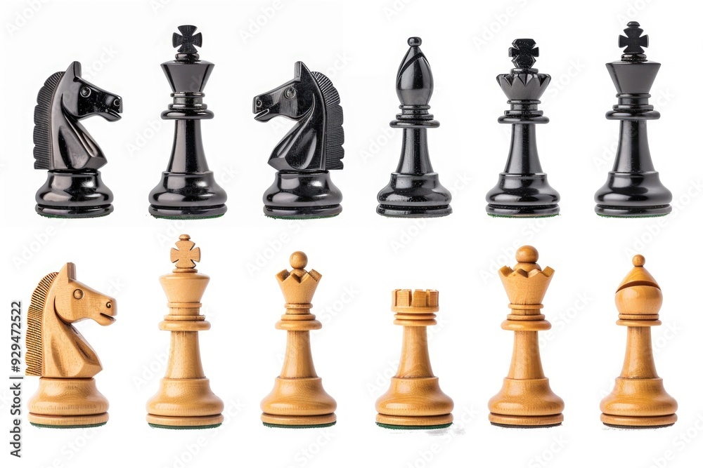 Set of chess pieces against a clean white background Set of chess pieces against a clean white background