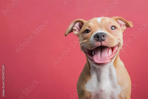 Happy puppy dog smiling on isolated color background. copy space , ai