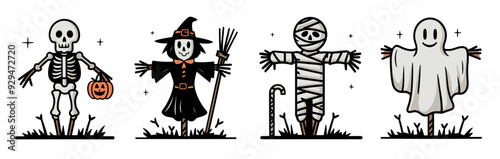 Halloween scarecrow illustrations of spooky character, Generative AI