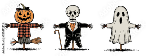 Halloween scarecrow illustrations of spooky character, Generative AI