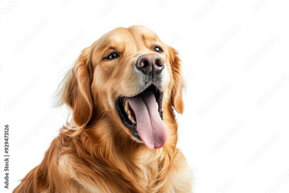 Fototapeta premium Happy sitting and panting Golden retriever dog looking at camera, Isolated on white , ai