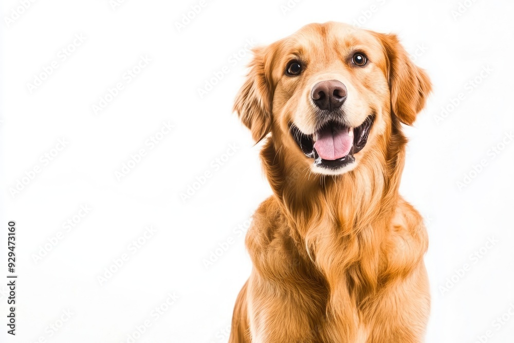Obraz premium Happy sitting and panting Golden retriever dog looking at camera, Isolated on white , ai
