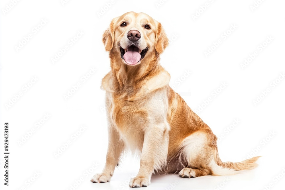 Happy sitting and panting Golden retriever dog looking at camera, Isolated on white , ai Happy sitting and panting Golden retriever dog looking at camera, Isolated on white , ai