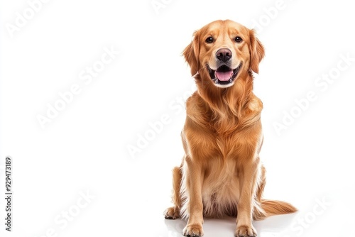 Happy sitting and panting Golden retriever dog looking at camera, Isolated on white , ai