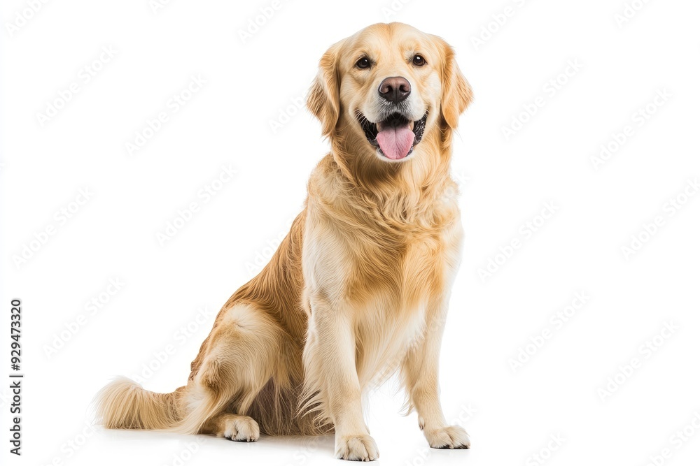 Happy sitting and panting Golden retriever dog looking at camera, Isolated on white , ai Happy sitting and panting Golden retriever dog looking at camera, Isolated on white , ai
