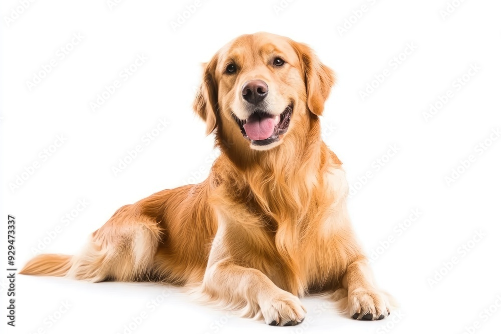 Happy sitting and panting Golden retriever dog looking at camera, Isolated on white , ai
