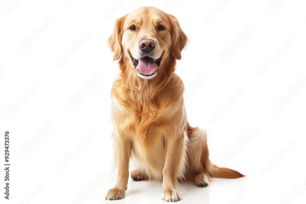 Happy sitting and panting Golden retriever dog looking at camera, Isolated on white , ai Happy sitting and panting Golden retriever dog looking at camera, Isolated on white , ai