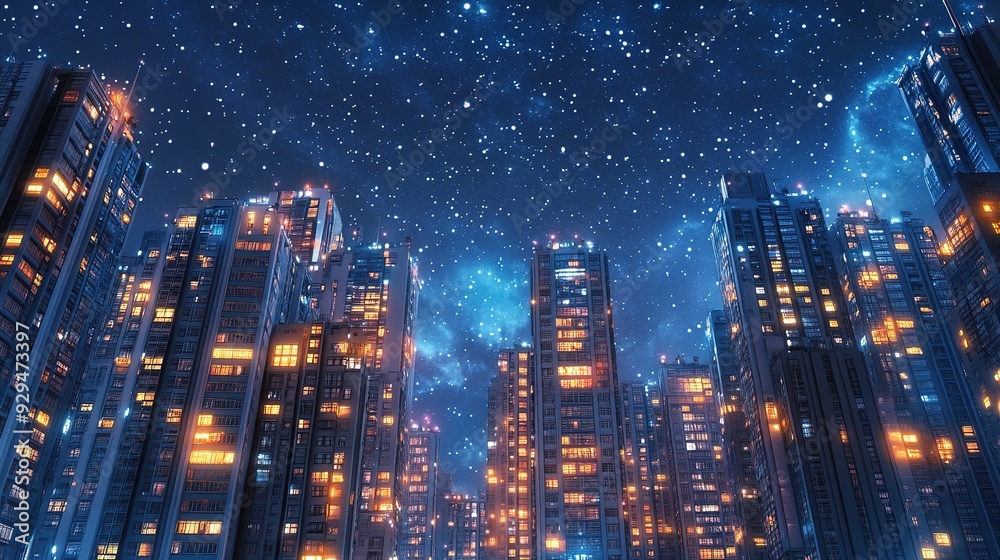 Fototapeta premium A wide-angle view of a downtown area with towering buildings, each floor brightly lit, under a starry night sky