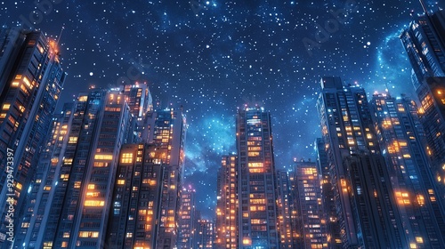 Wallpaper Mural A wide-angle view of a downtown area with towering buildings, each floor brightly lit, under a starry night sky Torontodigital.ca
