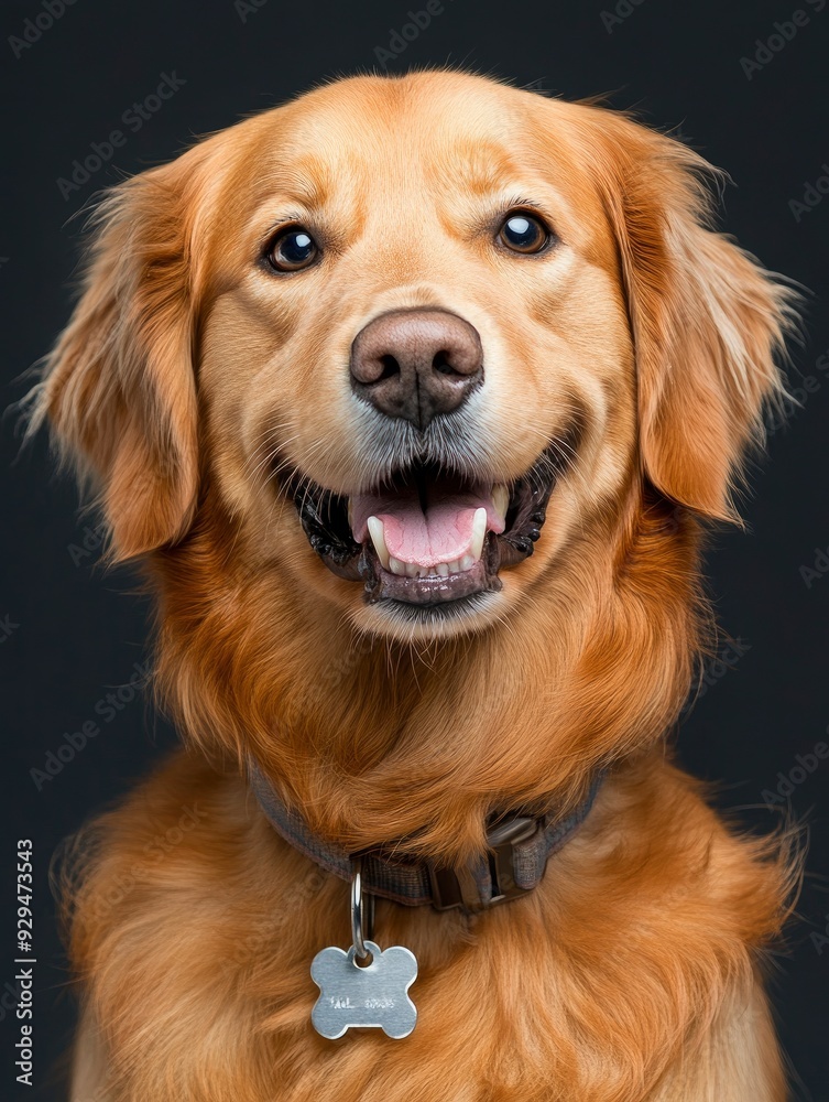 Obraz premium Head shot of a Happy panting Golden retriever dog looking at camera, wearing a collar and identification tag, remastered, ai