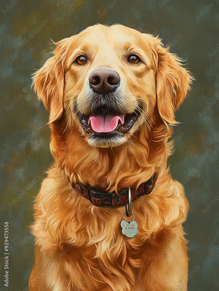 Head shot of a Happy panting Golden retriever dog looking at camera, wearing a collar and identification tag, remastered, ai Head shot of a Happy panting Golden retriever dog looking at camera, wearing a collar and identification tag, remastered, ai