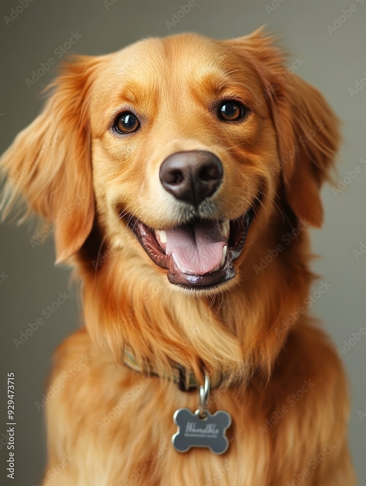 Obraz premium Head shot of a Happy panting Golden retriever dog looking at camera, wearing a collar and identification tag, remastered, ai