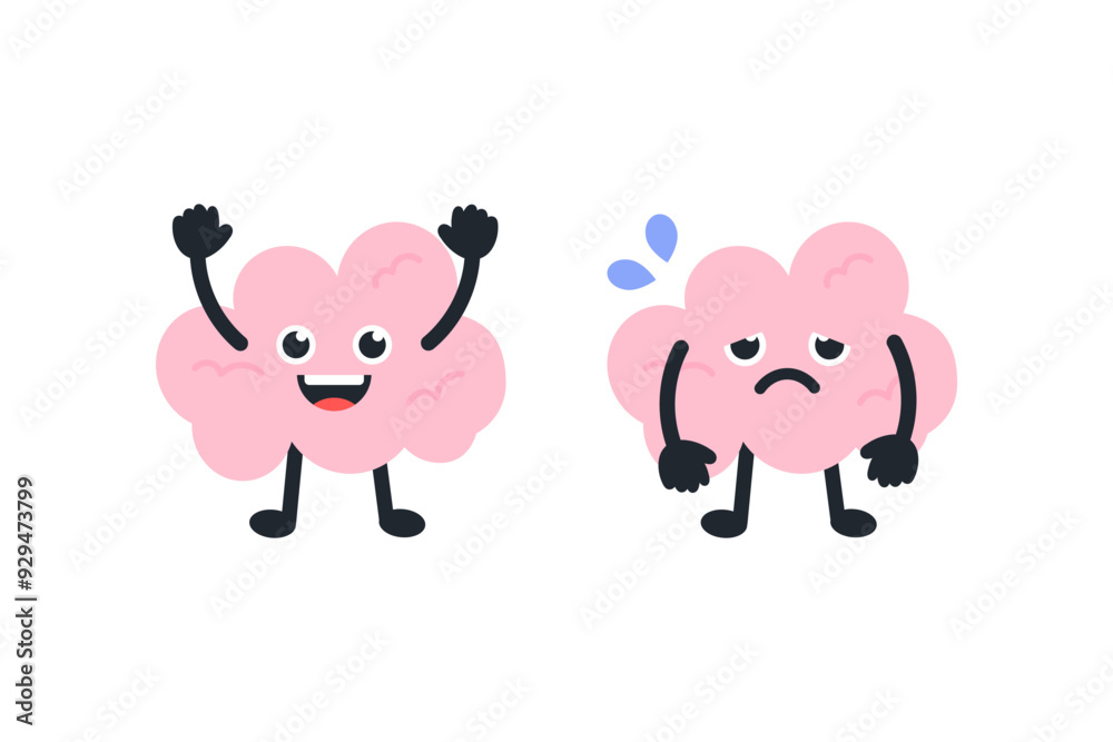 Obraz premium Happy brain and tired burnout brain cartoon character set. Healthcare, mental health, productivity, feeling, idea concept. Flat vector design isolated illustration.