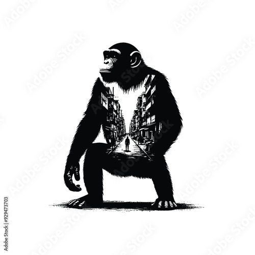 silhouette of Chimpanzee, filled with ghetto street in rough drawing,