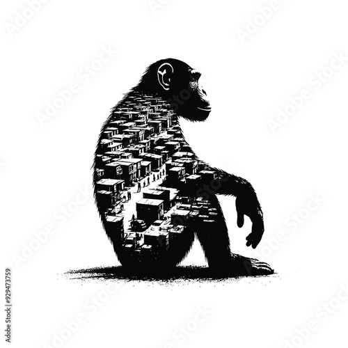 silhouette of Chimpanzee, filled with ghetto street in rough drawing,