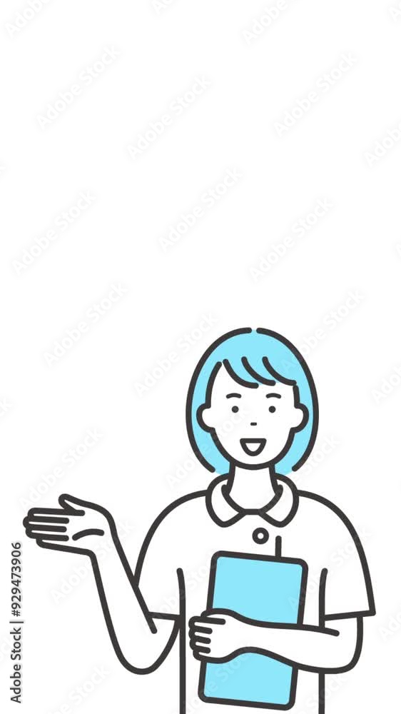 説明する若い女性看護師(縦長、白背景) 説明する若い女性看護師(縦長、白背景)