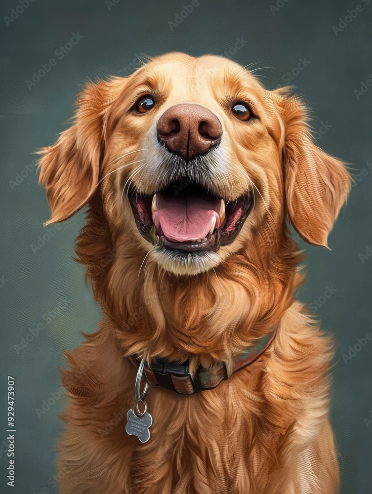 Obraz premium Head shot of a Happy panting Golden retriever dog looking at camera, wearing a collar and identification tag, remastered, ai