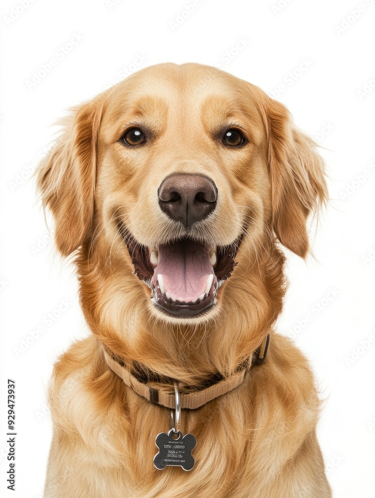 Head shot of a Happy panting Golden retriever dog looking at camera, wearing a collar and identification tag, remastered, ai Head shot of a Happy panting Golden retriever dog looking at camera, wearing a collar and identification tag, remastered, ai