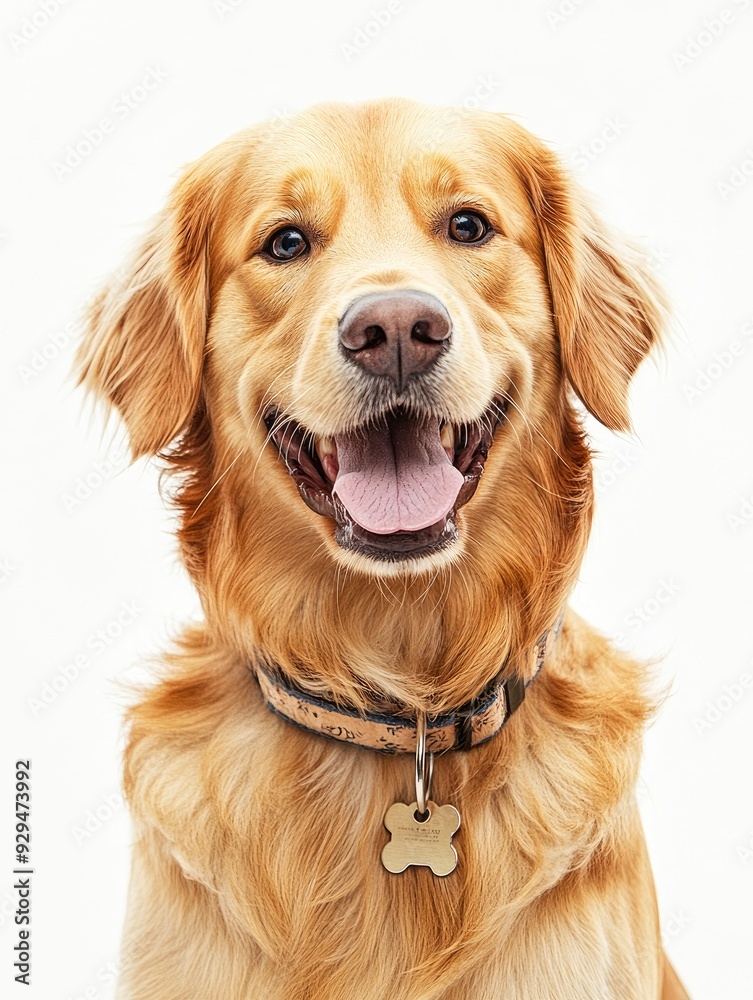 Head shot of a Happy panting Golden retriever dog looking at camera, wearing a collar and identification tag, remastered, ai Head shot of a Happy panting Golden retriever dog looking at camera, wearing a collar and identification tag, remastered, ai