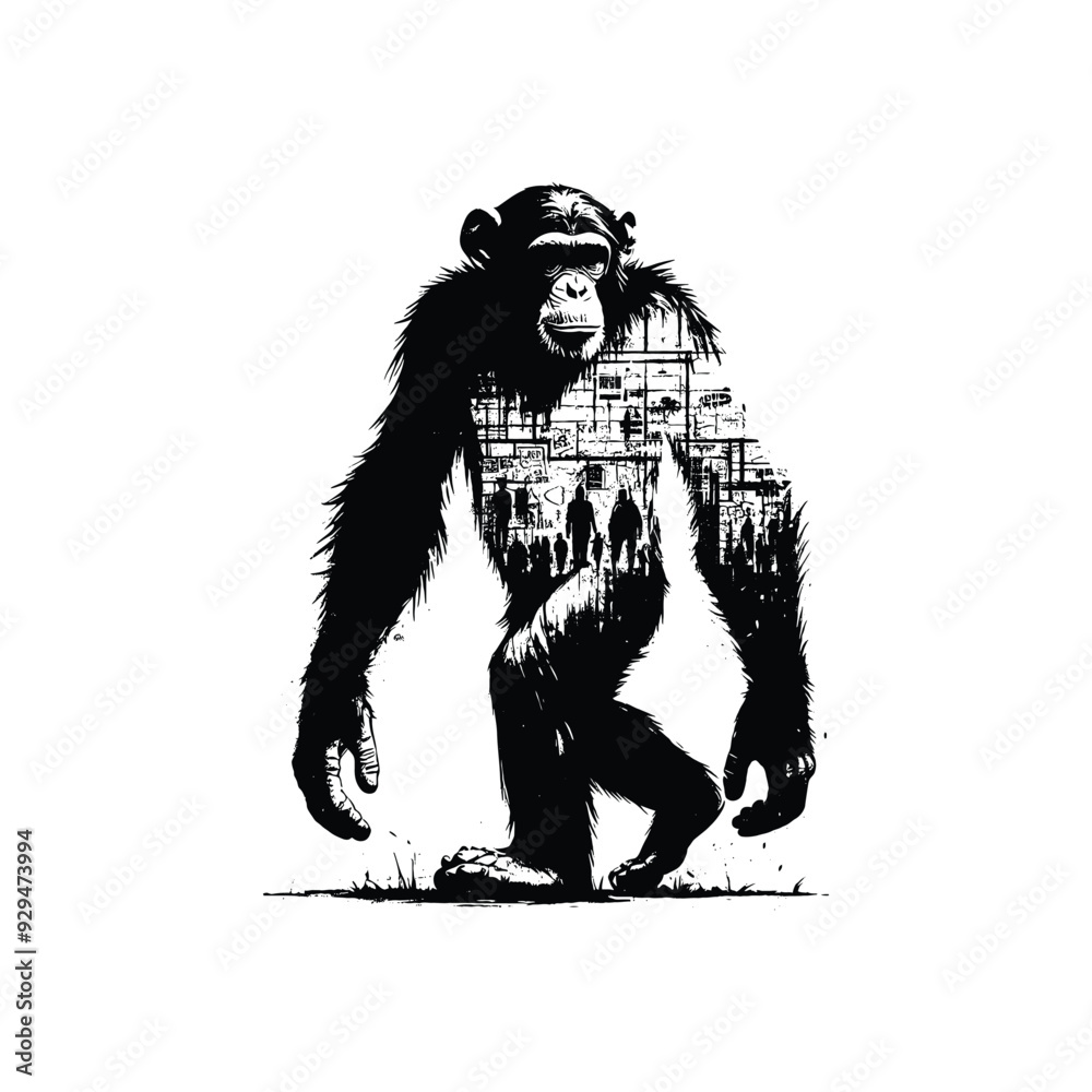 Fototapeta premium silhouette of Chimpanzee, filled with graffiti street wall in rough drawing,