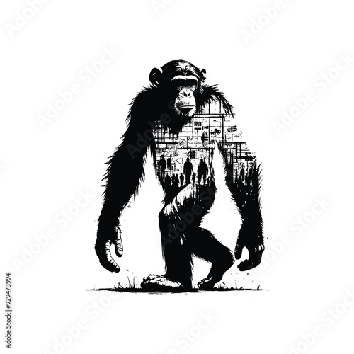 silhouette of Chimpanzee, filled with graffiti street wall in rough drawing, photo