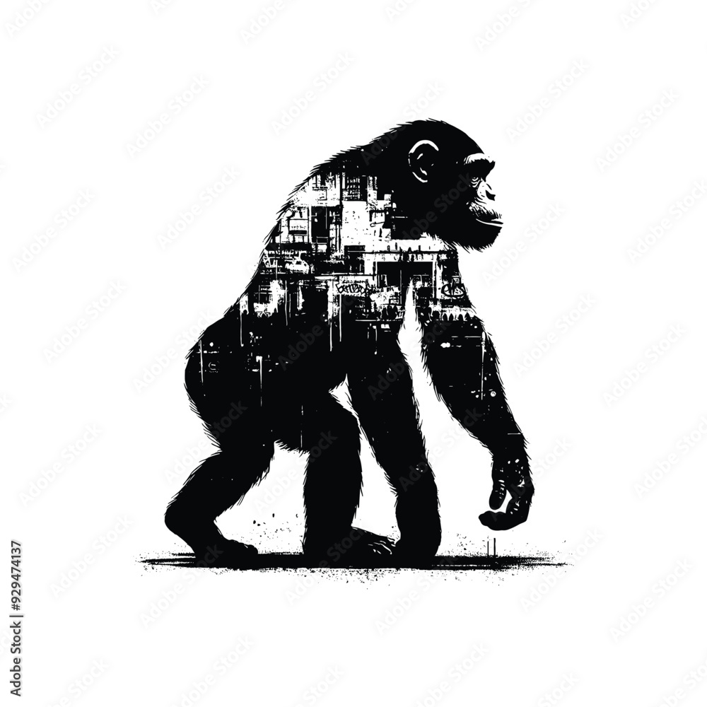 Fototapeta premium silhouette of Chimpanzee, filled with graffiti street wall in rough drawing,