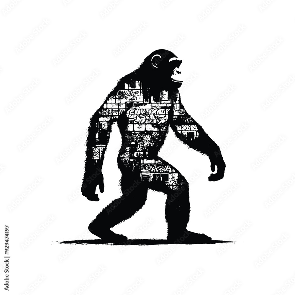 Fototapeta premium silhouette of Chimpanzee, filled with graffiti street wall in rough drawing,