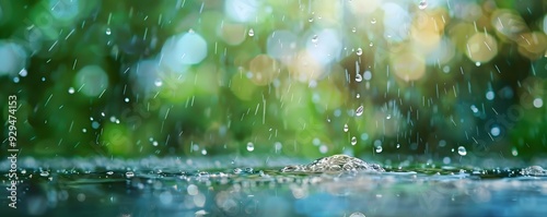 Rain Droplets Falling into a Still Body of Water with a Green Bokeh Background