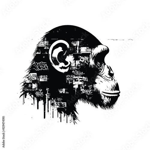 silhouette of Chimpanzee, filled with graffiti street wall in rough drawing, photo