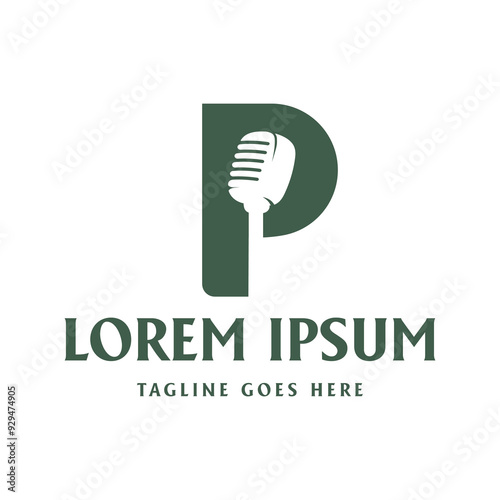 Initial Letter P with Microphone Mic Icon for Podcast Radio Broadcast for Entertainment Comedian or Sing Logo design
