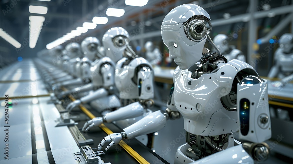 A row of humanoid robots working on an assembly line in a futuristic industrial setting. A row of humanoid robots working on an assembly line in a futuristic industrial setting.