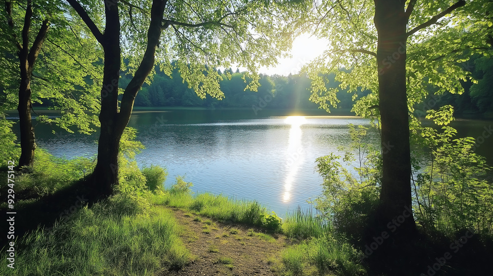 Sunlight reflecting on a tranquil lake surrounded by trees. Sunlight reflecting on a tranquil lake surrounded by trees.