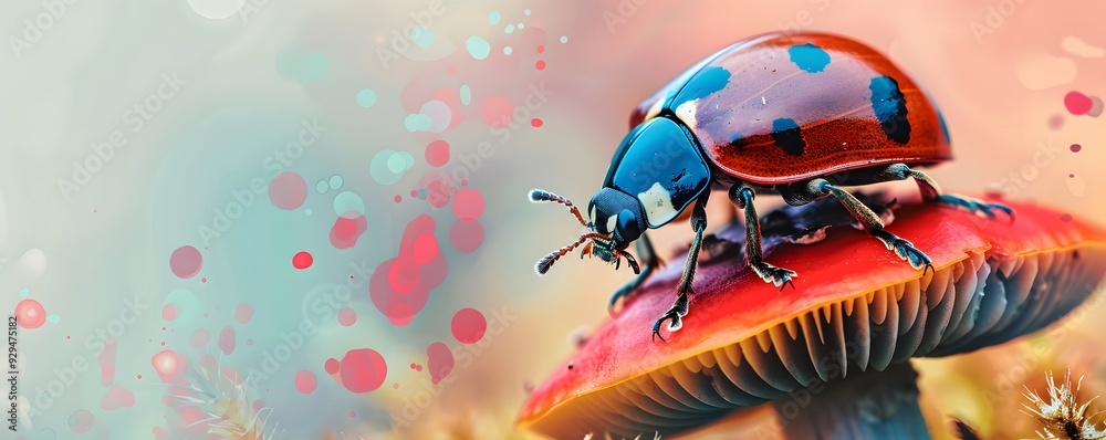 Ladybug perched on a red and yellow mushroom Ladybug perched on a red and yellow mushroom