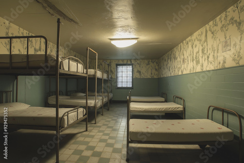 A room with multiple bunk beds and a single bed, with green and white walls and tiled floor. photo