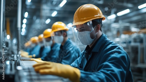 A team of workers in a factory setting wearing protective gear, including helmets, gloves, and masks, working around machinery