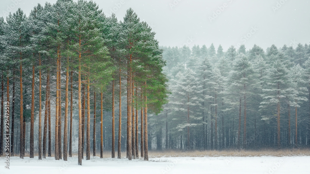 Obraz premium Snowy winter forest with tall pine trees.
