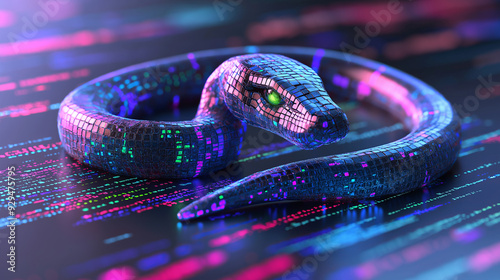 A digital snake made of pixels slithers across a glowing code background. photo