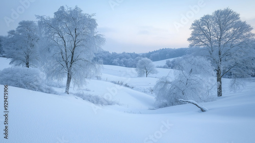 Snowy winter landscape with frost-covered trees.