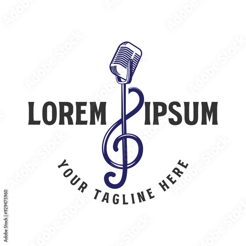 Music Notes Treble Clef and Microphone Mic Icon for Podcast Radio Broadcast for Entertainment Comedian or Sing Logo design