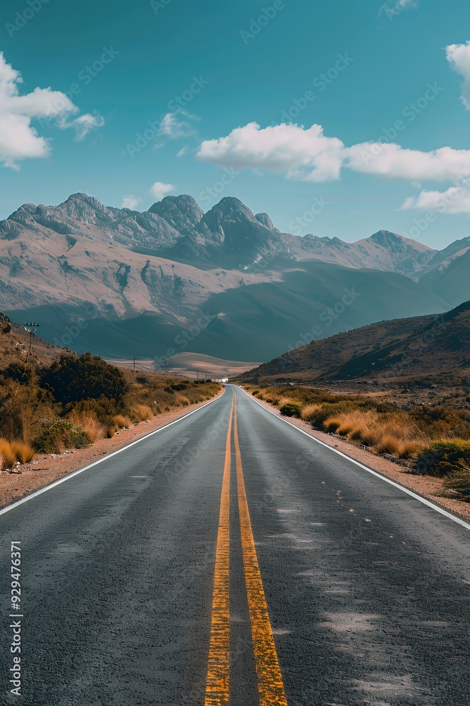 Fototapeta premium A scenic road stretches toward majestic mountains under a clear blue sky.