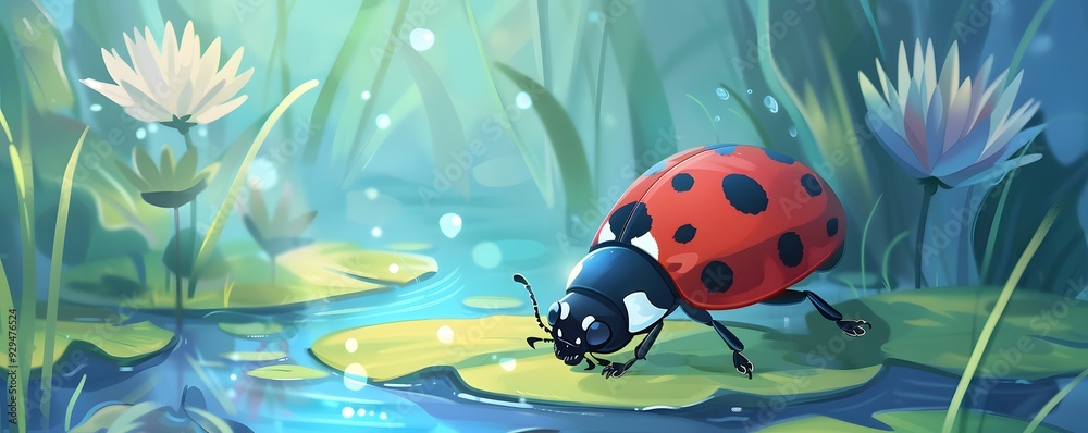 A Ladybug Perched on a Lily Pad in a Pond A Ladybug Perched on a Lily Pad in a Pond
