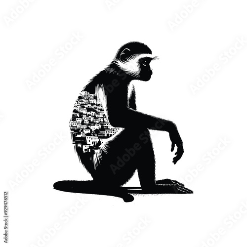 silhouette of Colobus monkey, filled with ghetto street in rough drawing,