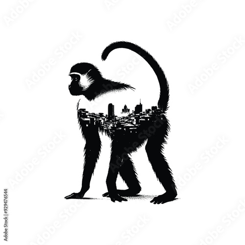 silhouette of Colobus monkey, filled with ghetto street in rough drawing,