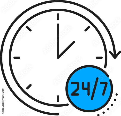 24 7 support color line icon of logistics, delivery, shipping and cargo carriage service. Vector outline clock dial with open hours, 24 7 customer assistance work time symbol of watch with round arrow