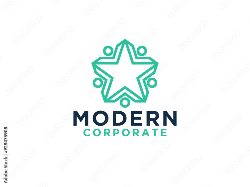 Abstract People Group Logo. Geometric Shapes with Negative Space Five Star Icon inside isolated on White Background. Abstract People Group Logo. Geometric Shapes with Negative Space Five Star Icon inside isolated on White Background.