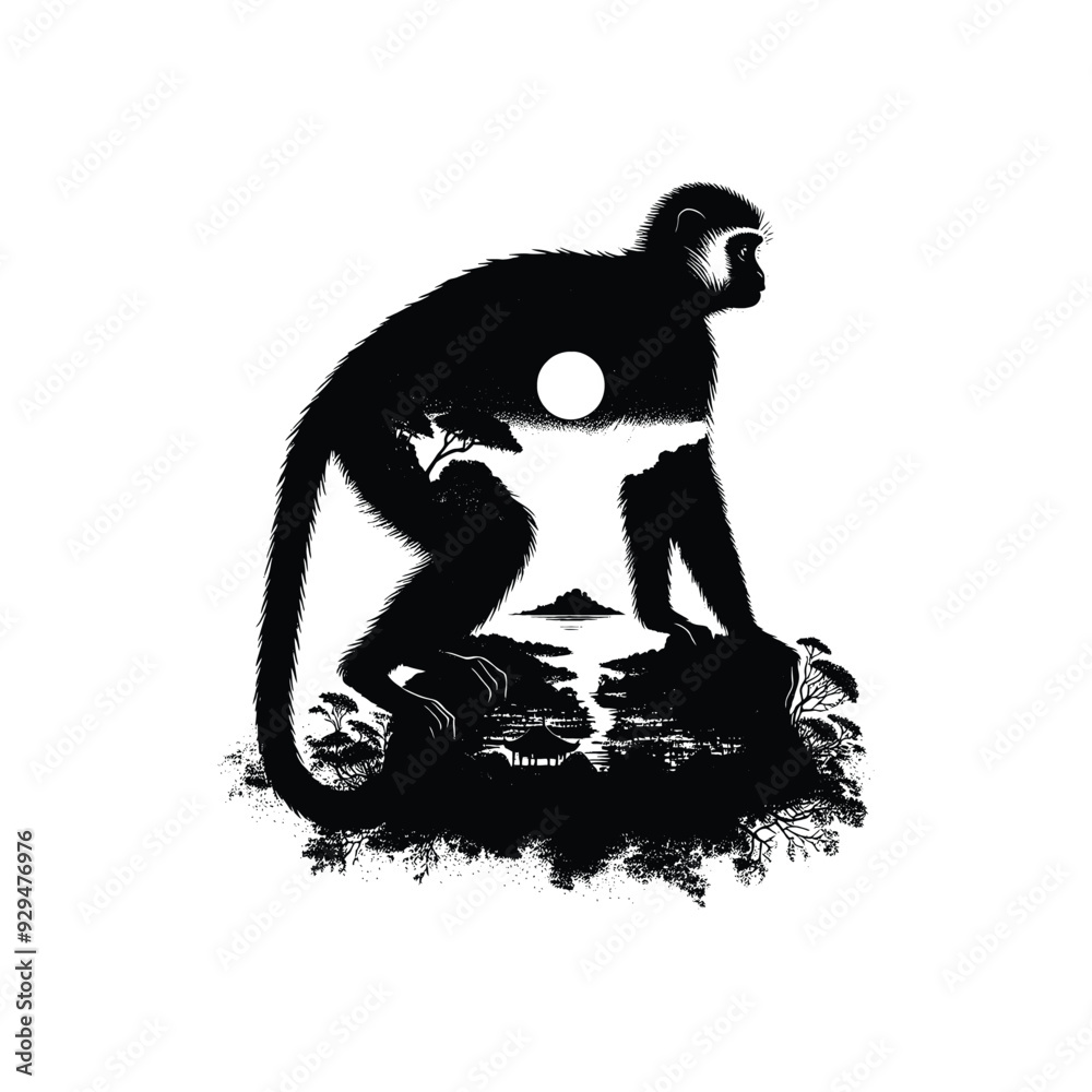 Fototapeta premium silhouette of Colobus monkey, filled with nature night view in rough drawing,