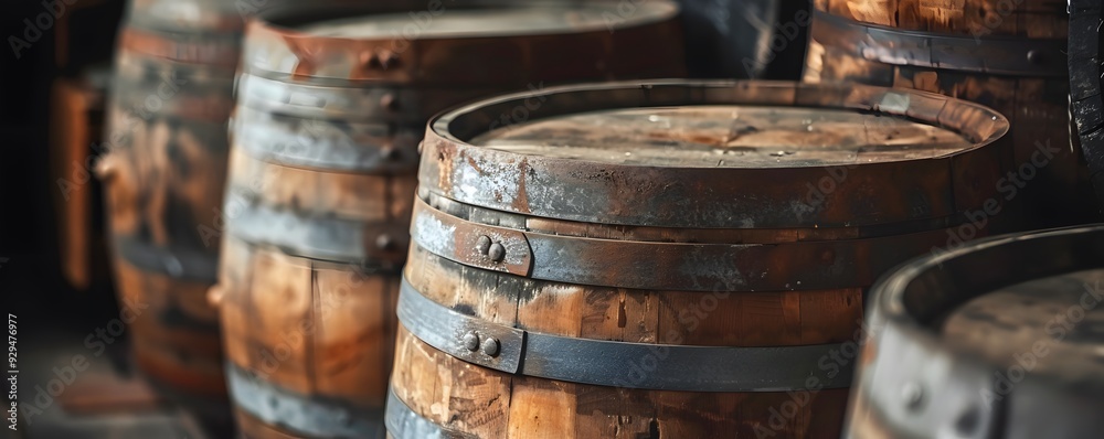 Close-up of Aged Wooden Barrels with Metal Bands Close-up of Aged Wooden Barrels with Metal Bands